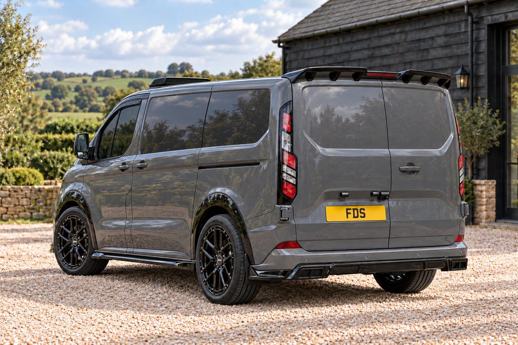 Ford Transit Custom Panel Van in Grey, Elite, rear three-quarter illustration